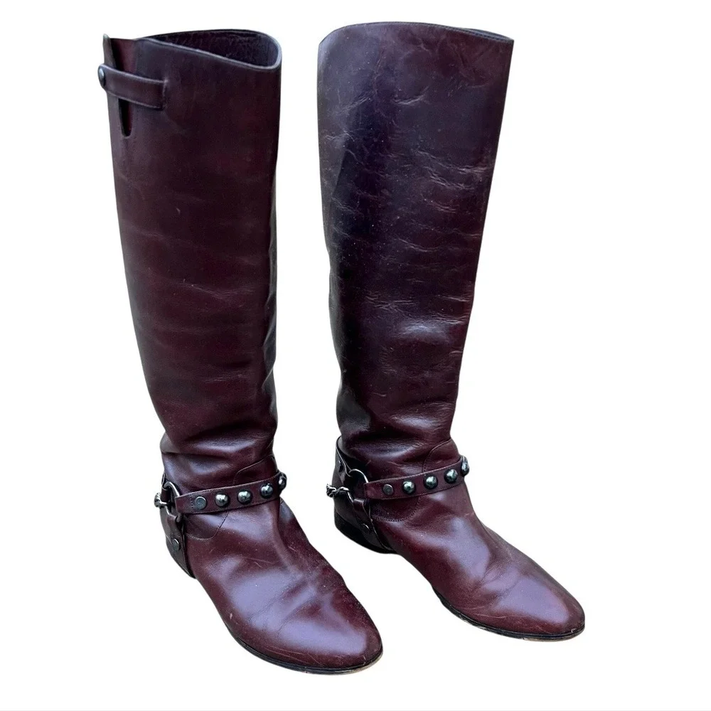 Brown Leather Tall Riding Boots Equestrian Style Size 7.5 Buckle Chain Old Money